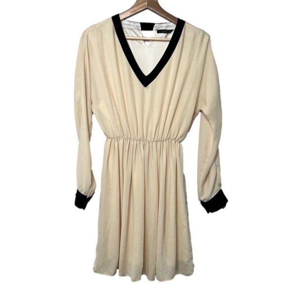 THML Womens Size Small Long Sleeve Blouson Dress Cream Black V Neckline Neutral - Picture 1 of 10